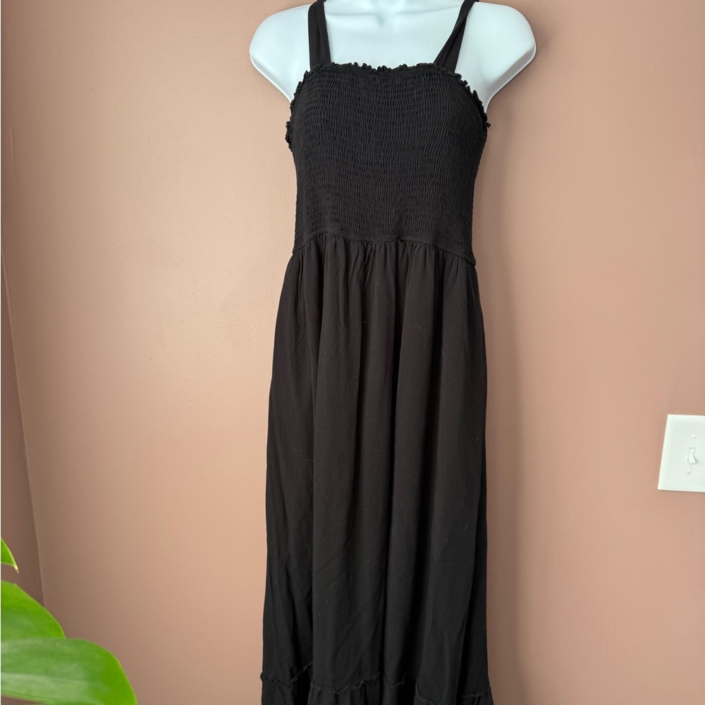 Black Smocked Maxi Dress with tie strap